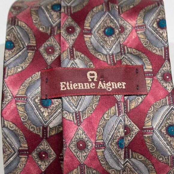 Men's Necktie Vintage ETIEENE AIGNER Diamond Print All Silk Wide Width Short Fit - Picture 4 of 5